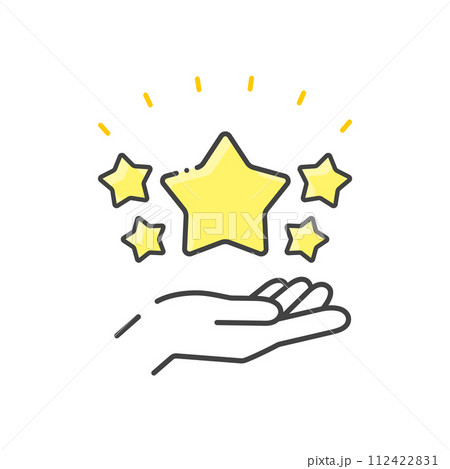 キラキラ光っている5つ星を持っている人の手のアイコン - 評価･口コミ･レビューのイメージ素材 112422831