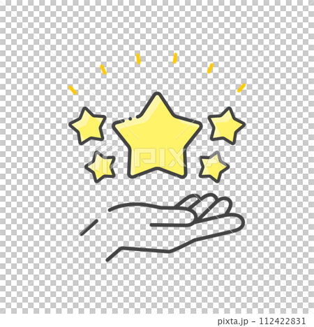 キラキラ光っている5つ星を持っている人の手のアイコン - 評価･口コミ･レビューのイメージ素材 112422831