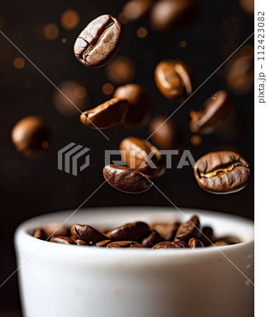 コーヒーカップに入るコーヒー豆 112423082