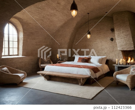 Bedroom interior made of stone. 112423366