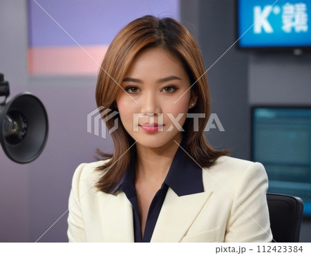 TV presenter woman in the studio. TV presenter woman in the studio. 112423384