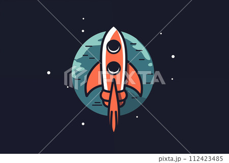 A cartoon rocket blasts through a starry night sky, leaving a trail towards a distant planet 112423485