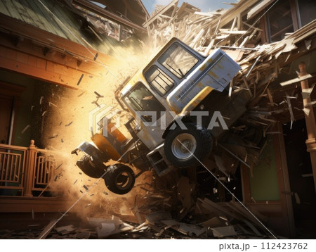 AI-generated content. A truck is seen in the center of a large pile of rubble created after multiple houses were demolished. 112423762