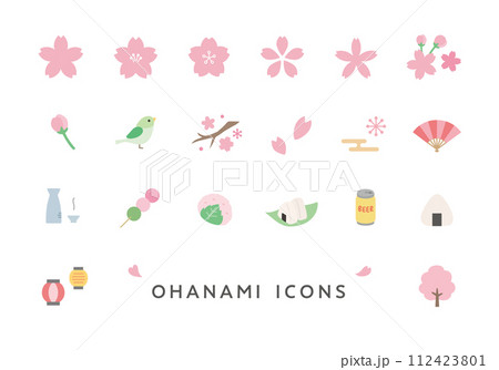 桜・花見にまつわるアイコンセット（フラット） 112423801