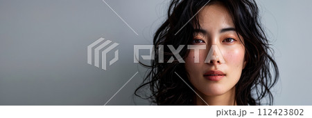 Beauty portrait of a natural young Japanese woman with a soft grey copy space background 112423802