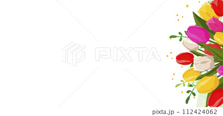 Spring bouquet with red, pink and yellow tulips. Flat vector background with flowers for design Spring bouquet with red, pink and yellow tulips. Flat vector background with flowers for design 112424062