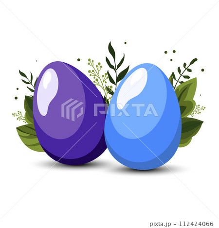 Blue Easter eggs with green leaves on background. Vector clipart for design of card, banner Blue Easter eggs with green leaves on background. Vector clipart for design of card, banner 112424066