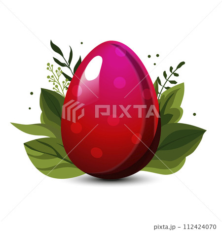 Red Easter egg with polka dots with green leaves and branch on background. Vector clipart for design Red Easter egg with polka dots with green leaves and branch on background. Vector clipart for design 112424070