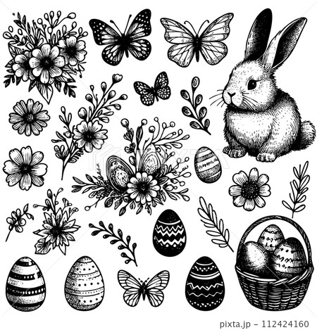 black and white drawing of a rabbit and flowers with a basket of eggs 112424160