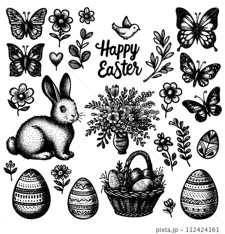 A black and white drawing Easter flowers, butterflies, and a rabbit A black and white drawing Easter flowers, butterflies, and a rabbit 112424161