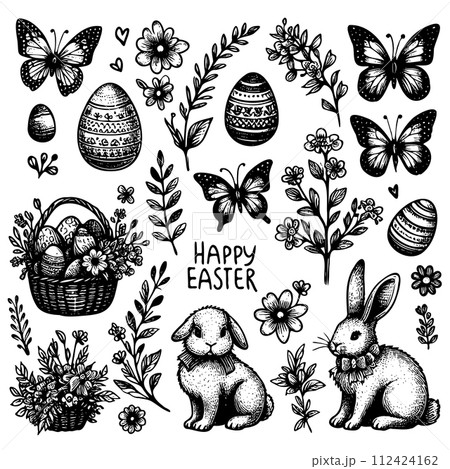 A black and white drawing Easter decorations including a basket of eggs 112424162