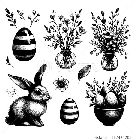 A set of black and white drawings of Easter flowers and a rabbit 112424209
