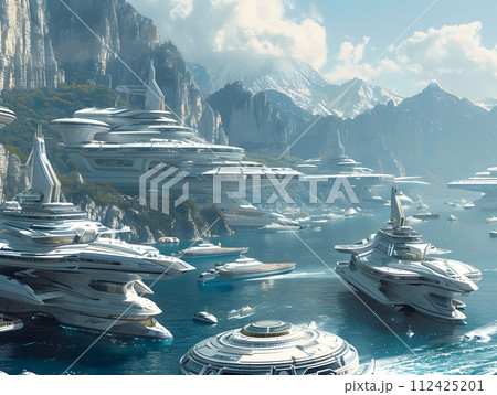 Imaginary illustration of a harbor full of futuristic ships, turquoise waters. In the background there were mountains and green trees in the distance. The sky is clear. There are some white clouds. Imaginary illustration of a harbor full of futuristic ships, turquoise waters. In the background there were mountains and green trees in the distance. The sky is clear. There are some white clouds. 112425201
