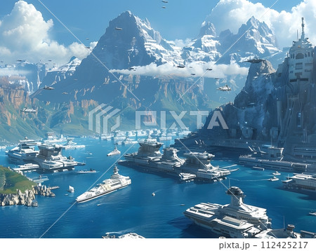 Imaginary illustration of a harbor full of futuristic ships, turquoise waters. In the background there were mountains and green trees in the distance. The sky is clear. There are some white clouds. 112425217