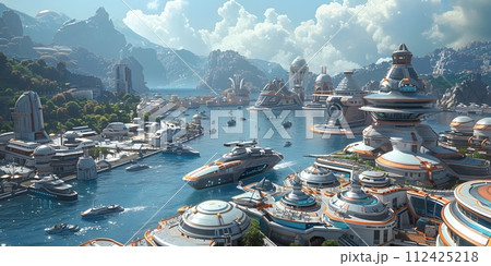 Imaginary illustration of a harbor full of futuristic ships, turquoise waters. In the background there were mountains and green trees in the distance. The sky is clear. There are some white clouds. 112425218