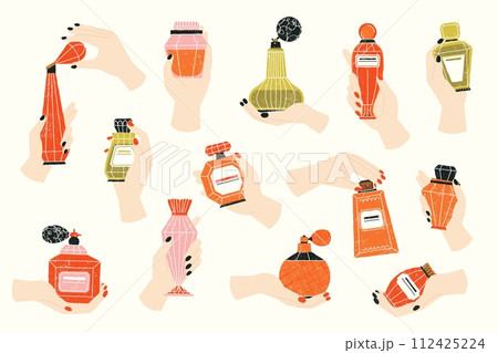 Hands hold perfume. Cartoon woman fingers with bottle of fragrance, female hand with spray and cologne cosmetic products. Vector set Hands hold perfume. Cartoon woman fingers with bottle of fragrance, female hand with spray and cologne cosmetic products. Vector set 112425224