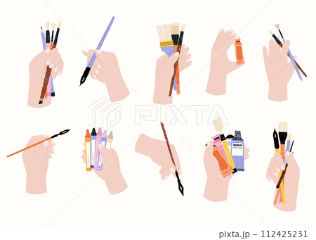 Hands holding brushes. Palm with pencil and pen, artist fingers with brush and paint tube, sketching and drawing concept. Vector flat set Hands holding brushes. Palm with pencil and pen, artist fingers with brush and paint tube, sketching and drawing concept. Vector flat set 112425231