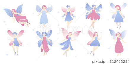 Cute tooth fairy. Cartoon girl with wings and magic wand, fairy tale character with tooth, oral health care for kids. Vector flat illustration 112425234