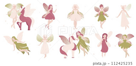 Cute childish fairy. Cartoon fantasy girl with magic wand and unicorn, magic princess characters for kids design. Vector isolated set 112425235