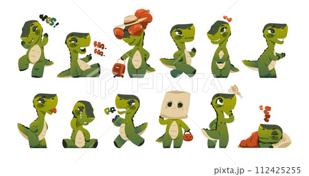 Cute dragon mascot. Funny prehistoric cartoon reptile characters with different emotions, adorable kawaii mythological fantasy creatures. Vector isolated set 112425255
