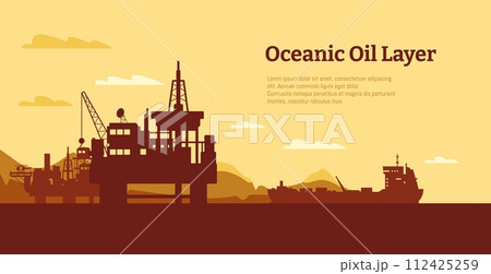 Offshore oil rig background. Oil platform with derrick and crane, oil and gas extraction industrial concept. Vector illustration Offshore oil rig background. Oil platform with derrick and crane, oil and gas extraction industrial concept. Vector illustration 112425259