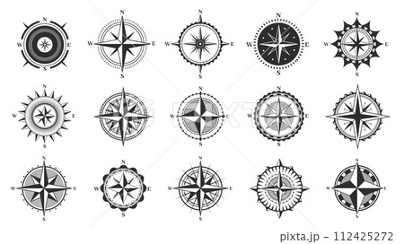 Compass sign. Navigation and direction icons, cartography and topography symbols, nautical and marine instruments, north south east west. Vector set 112425272