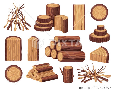 Cartoon firewood. Pile of cut wooden logs, firewood bundle for campfire or fireplace, tree trunk and branches. Vector isolated set 112425297
