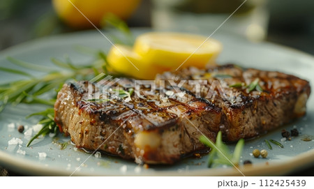 Close up of grilled steak. Western food concept. 112425439