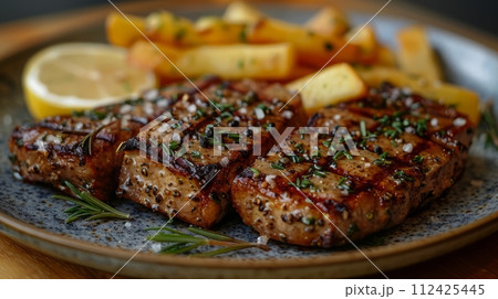 Close up of grilled steak perfect for food advertisement or opening. 112425445