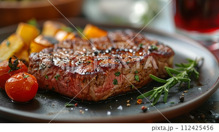 Close up of grilled steak perfect for food advertisement and promotion for grilled steak. Close up of grilled steak perfect for food advertisement and promotion for grilled steak. 112425456