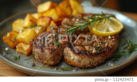 Close up of delicious grilled steak. Western food concept. Close up of delicious grilled steak. Western food concept. 112425471