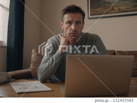 ノートパソコンの画面を見て驚き悩み顔をしかめる男性 112425565