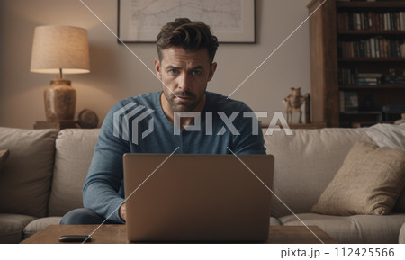 ノートパソコンの画面を見て驚き悩み顔をしかめる男性 112425566