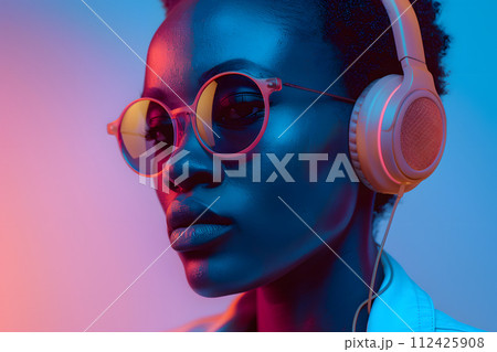 AI-generated content. A woman with sunglasses is enjoying music through headphones. Her chin is tilted slightly upwards, showcasing her stylish eyewear 112425908