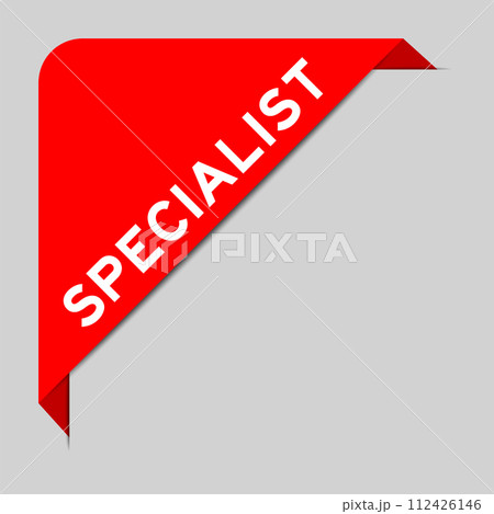 Red color of corner label banner with word specialist on gray background 112426146