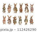 AI-generated content. Set with vintage wearing rabbits in watercolor. Cute easter bunny in sepia pastel colors isolated on white. 112426290