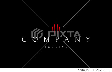 A vector red logo with an abstract image of five arrows rushing upward in the form of a skyscraper. 112426568