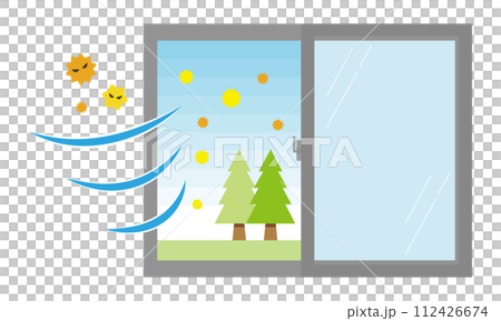 換気のため窓を開けて花粉が入ってきたイラスト 112426674