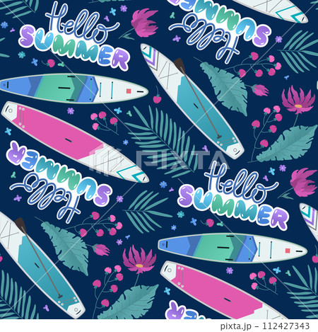 Pattern Hello summer with stand up Inflatable paddle supboard, tropic leaves and flowers Pattern Hello summer with stand up Inflatable paddle supboard, tropic leaves and flowers 112427343