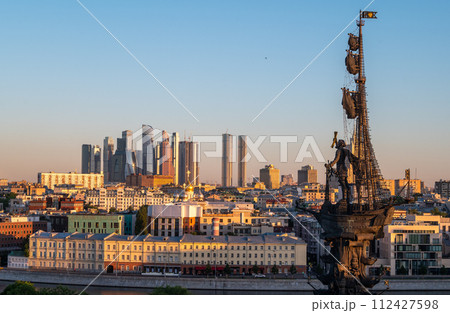 View of the monument to Peter the Great by Zurab Tsereteli in the center of the Russian capital on a summer morning View of the monument to Peter the Great by Zurab Tsereteli in the center of the Russian capital on a summer morning 112427598