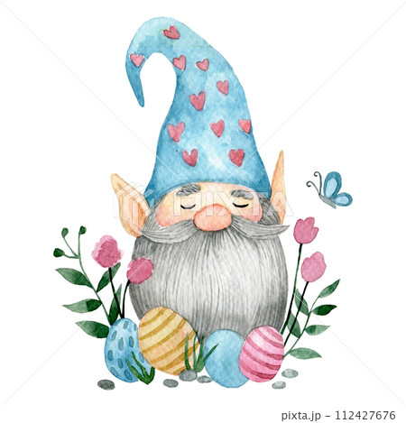 cute gnome with easter eggs and flowers. watercolor drawing on the theme of Easter. 112427676