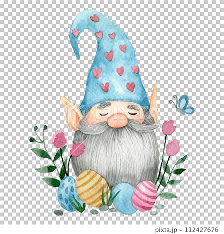cute gnome with easter eggs and flowers. watercolor drawing on the theme of Easter. 112427676