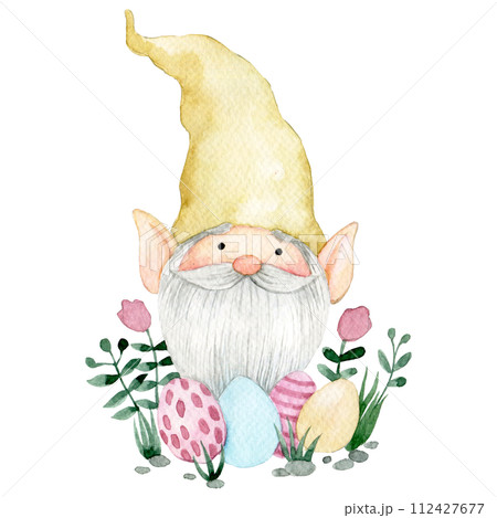 cute gnome with easter eggs and flowers. watercolor drawing on the theme of Easter. 112427677