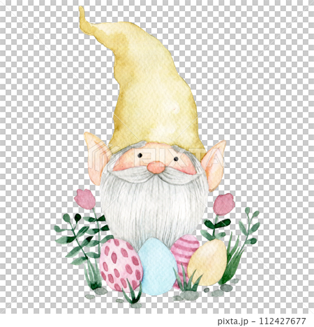 cute gnome with easter eggs and flowers. watercolor drawing on the theme of Easter. 112427677