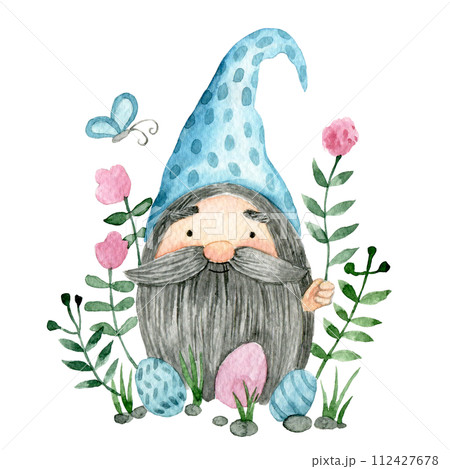 cute gnome with easter eggs and flowers. watercolor drawing on the theme of Easter. 112427678
