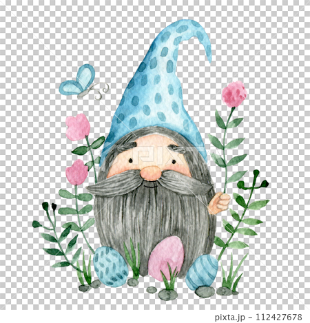 cute gnome with easter eggs and flowers. watercolor drawing on the theme of Easter. 112427678