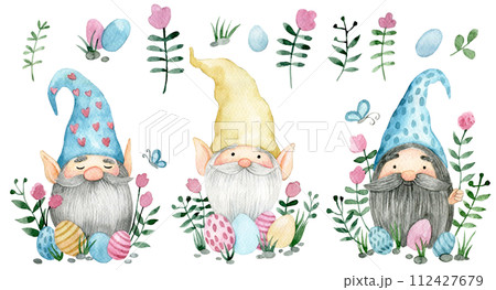 set with cute gnomes with Easter eggs and flowers. watercolor drawing on the theme of Easter. 112427679