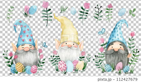 set with cute gnomes with Easter eggs and flowers. watercolor drawing on the theme of Easter. 112427679