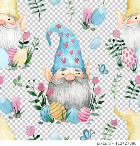 seamless pattern with cute gnomes with Easter eggs and flowers. watercolor drawing on the theme of Easter. 112427680