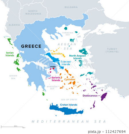 Greek island groups, islands of Greece, political map. The greek islands are traditionally grouped into clusters, most of them lying in the Aegean Sea, an elongated embayment of the Mediterranean Sea. Greek island groups, islands of Greece, political map. The greek islands are traditionally grouped into clusters, most of them lying in the Aegean Sea, an elongated embayment of the Mediterranean Sea. 112427694